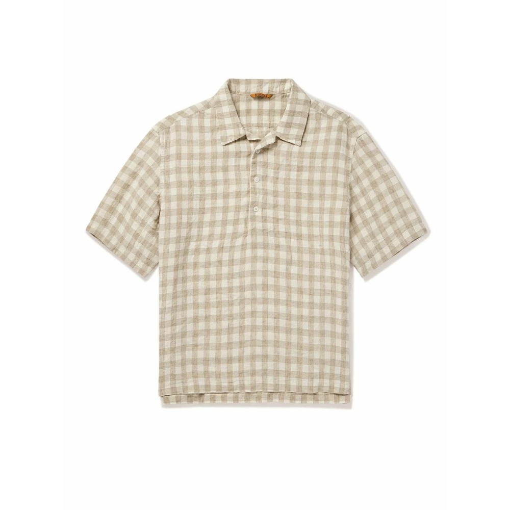 BARENA VENEZIA - GINGHAM LINEN POLO SHIRT BROWN SIZE IT 50 US L / RETAIL 370$
